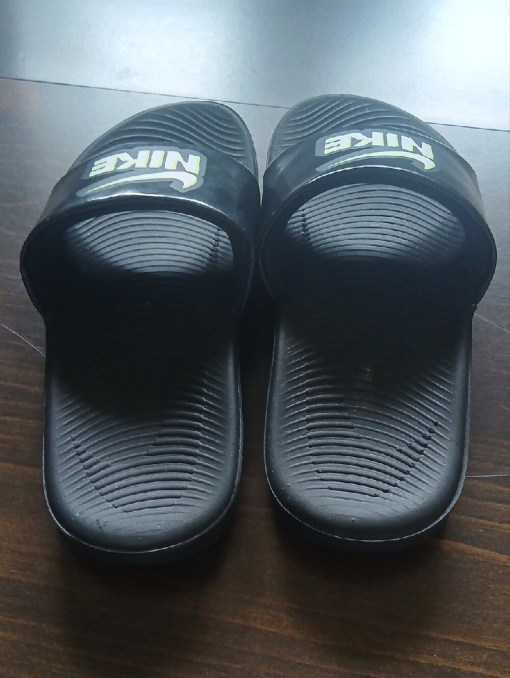 Nike Black Slide Sandals with Neon Green Logo - Picture 7 of 8